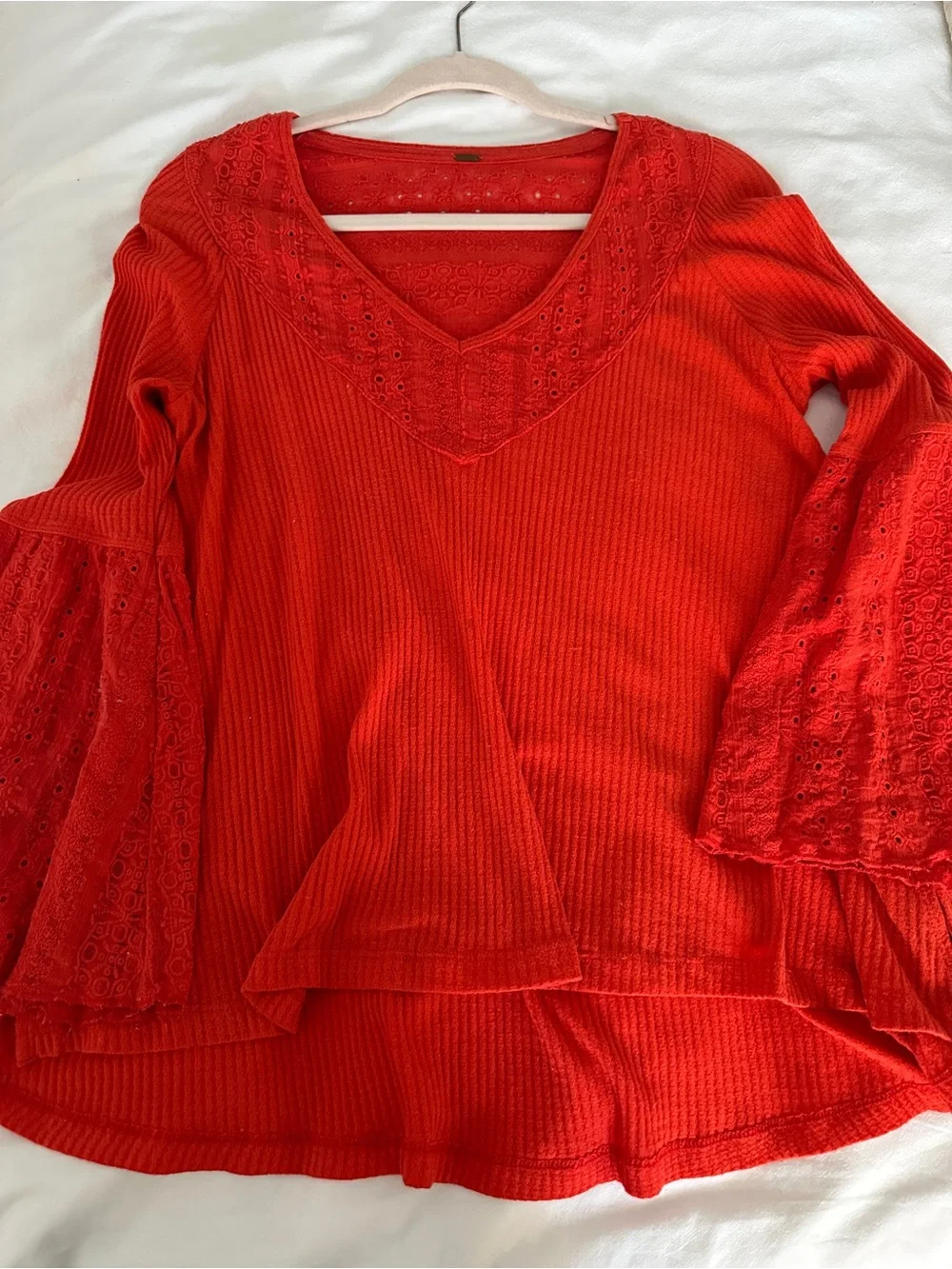 Free People Red/Orange  Lace-Trim V-Neck Bell Sleeve Tunic